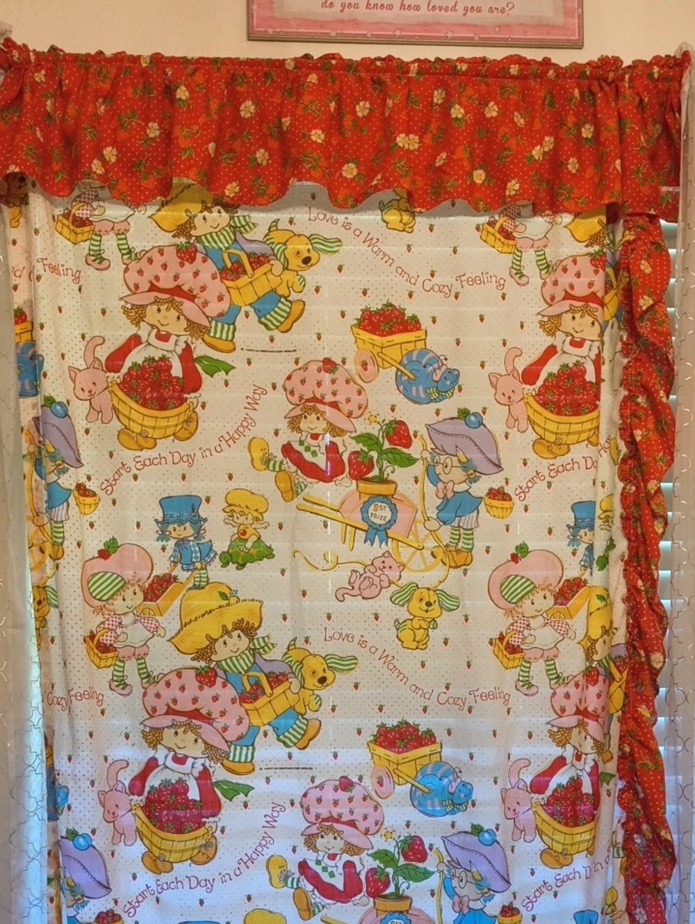 1 Homemade Panel Curtain Strawberry Shortcake Vintage EUC.